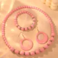 Trendy pink acrylic bead necklace bracelet and earrings set sweet candy style jewelry - Pink Jewelry Set