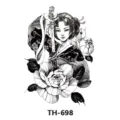 Black and white Japanese geisha samurai temporary tattoo sticker with peony flower art. - TH-698