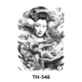 Adesivo per tatuaggio a metà braccio in bianco e nero con design tradizionale di geisha e drago TH546. - Stile Adesivo Tatuaggio (TH-546) / 210x148mm