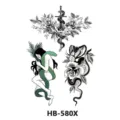 Temporary tattoo sticker sheet featuring snake, sword, and floral designs for body art. - Sword Snake and Rose (HB-580X)