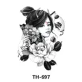 Black and white temporary tattoo sticker featuring geisha and peony flower pattern. - TH-697