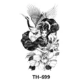 Black and white temporary tattoo sticker featuring geisha samurai crane and peony design. - TH-699