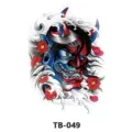 Tatuaggio temporaneo maschera Hannya giapponese, design demone colorato con onde e fiori di ciliegio. - Motivo Hannya e Onda (TB-049)