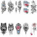 Set di adesivi per tatuaggi temporanei impermeabili con rose, lupi e motivi floreali. - XQB-160