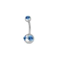 Close-up detail of stainless steel belly button ring featuring sparkling blue crystal stones. - Light Blue Triple Rhinestone