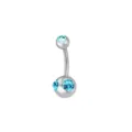 Close-up detail of a silver-toned stainless steel curved belly button ring with light blue crystals. - Aqua Blue Triple Rhinestone