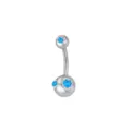 Detailed close-up of a stainless steel navel piercing ring with shiny blue crystal stones. - Crystal AB Triple Rhinestone