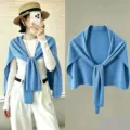 Chal de punto azul en forma de T para mujer, bufanda de color sólido cálida para otoño e invierno. - Azul