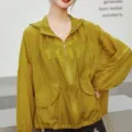 Lightweight hooded sun protection jacket detail, casual loose cardigan design in olive green. - One Size (90-150 lbs) / Yellow