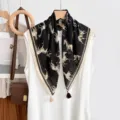 Vintage horse print square scarf with tassel, luxury old money style neck wrap accessory. - Black
