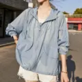 Chaqueta de verano ligera y transpirable con capucha para mujer, abrigo casual. - Talla Única (90-150 lbs) / Azul