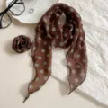 Brown polka dot long silk scarf with rose flower accessory, elegant neckerchief detail shot. - Scarf with Rose / Brown Green Polka Dot