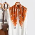 Luxury old money style orange horse print square scarf with handmade fringe tassels for women. - Orange Red