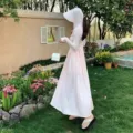 Long hooded sun protection dress detail view, lightweight outdoor UV blocking apparel for women. - M / Pink