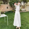 Long white sun protection hoodie dress with face cover and thumb holes for outdoor wear. - M / White