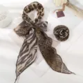 Chic animal print long silk scarf with rose accessory for women spring summer fashion. - Scarf with Rose / Python Print