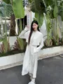 Long white sun protection jacket for women, stylish waist-cinching outdoor hooded windbreaker. - One Size / Apricot