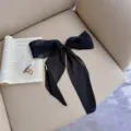 Solid black pleated imitation silk long skinny scarf, elegant bow necktie for women's spring. - Black