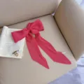 Korean solid color pleated imitation silk long scarf bow ribbon elegant stylish neckerchief. - Rose Red