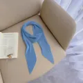 Korean solid color pleated faux silk narrow scarf women ribbon neck tie spring summer - Sky Blue