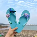 Comfortable Women Summer Beach Flip Flops With Sequins Mermaid Shell Starfish Sandals - Blue Sole with Dark Blue