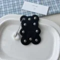 Cute rivet bear leather bag charm and keychain with pearl chain pendant for stylish backpacks. - Black