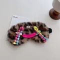 Cute fluffy leopard sleep mask with funny cartoon lips and beads for cozy winter nap time. - Braid Style / Brown Leopard