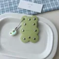 Cute green leather bear keychain with metal rivets, stylish bag charm and accessory. - Green