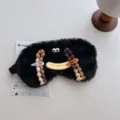Cute black plush sleep eye mask with funny cartoon design, soft shading for comfortable rest. - Braid Style / Black