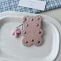 Cute pink leather bear keychain with metal studs and letter charm handbag pendant. - Pink