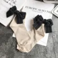 Cute beige cotton socks with large black bow, sweet Japanese style hosiery for daily wear. - One Size / Khaki + Black Bowknot