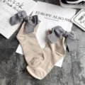 Cute Japanese style bow cotton socks for women, sweet slouch socks with large ribbon back. - One Size / Khaki + Gray Bowknot