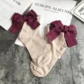 Cute Japanese style women socks featuring large bowknot, sweet beige cotton cute socks. - One Size / Khaki + Red Bowknot