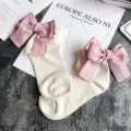 Cute Japanese style women socks with large pink bow detail, soft cotton cuff short socks. - One Size / Milky White + Pink Bowknot