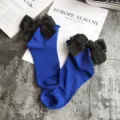 Cute Japanese style women socks with large bowknot, blue cotton slouch socks for daily wear. - One Size / Royal Blue + Black Bowknot
