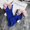 Japanese style sweet cute blue cotton socks for women with big pink ribbon bow and rolled cuff - One Size / Royal Blue + Pink Bowknot