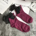 Japanese style sweet bow cotton socks for women, cute rolled cuff casual mid tube socks. - One Size / Burgundy + Black Bowknot