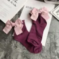 Japanese sweet style purple cotton socks featuring large pink striped bowknot and cute cuffs. - One Size / Burgundy + Pink Bowknot