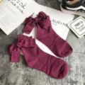 Women maroon cotton socks with big bow knot detail, sweet Japanese style mid-calf socks. - One Size / Burgundy + Burgundy Bowknot
