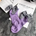 Japanese cute purple cotton socks with large grey striped bow rolled edge sweet style women - One Size / Light Purple + Gray Bowknot