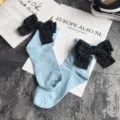 Cute Japanese style women cotton socks with large black bows, sweet rolled edge design. - One Size / Light Blue + Black Bowknot