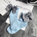 Japanese sweet cute light blue cotton socks featuring large grey bow and ruffed cuff design. - One Size / Light Blue + Gray Bowknot