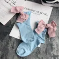 Cute Japanese style women cotton socks featuring large pink bow knots in soft blue color. - One Size / Light Blue + Pink Bowknot