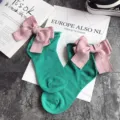 Green cute cotton socks for women, featuring large pink bows and sweet Japanese style design. - One Size / Dark Green + Pink Bowknot