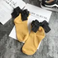 Japanese cute yellow cotton socks with large black bow on the back sweet girl student crew socks - One Size / Ginger Yellow + Black Bowknot