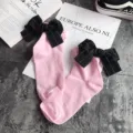 Cute pink cotton socks for women featuring elegant black bow decorations and sweet style. - One Size / Pink + Black Bowknot