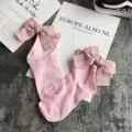 Pink bow cotton socks for women sweet cute style ruffled mid tube socks daily wear cute - One Size / Pink + Pink Bowknot