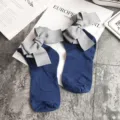 Cute Japanese style women's cotton socks with large grey bow at heel, sweet daily fashion wear. - One Size / Navy Blue + Gray Bowknot