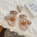 Winter cute plush embroidered bear baby mittens, thick fleece warm hanging neck children gloves. - Age 3-8 / Camel Gloves with Brown Bear