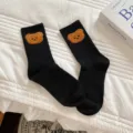 Chaussettes mi-hautes noires brodées d'ours pour femme, coton doux chaud style décontracté - Taille Unique (EU 34-39) / Noir Ours Brun